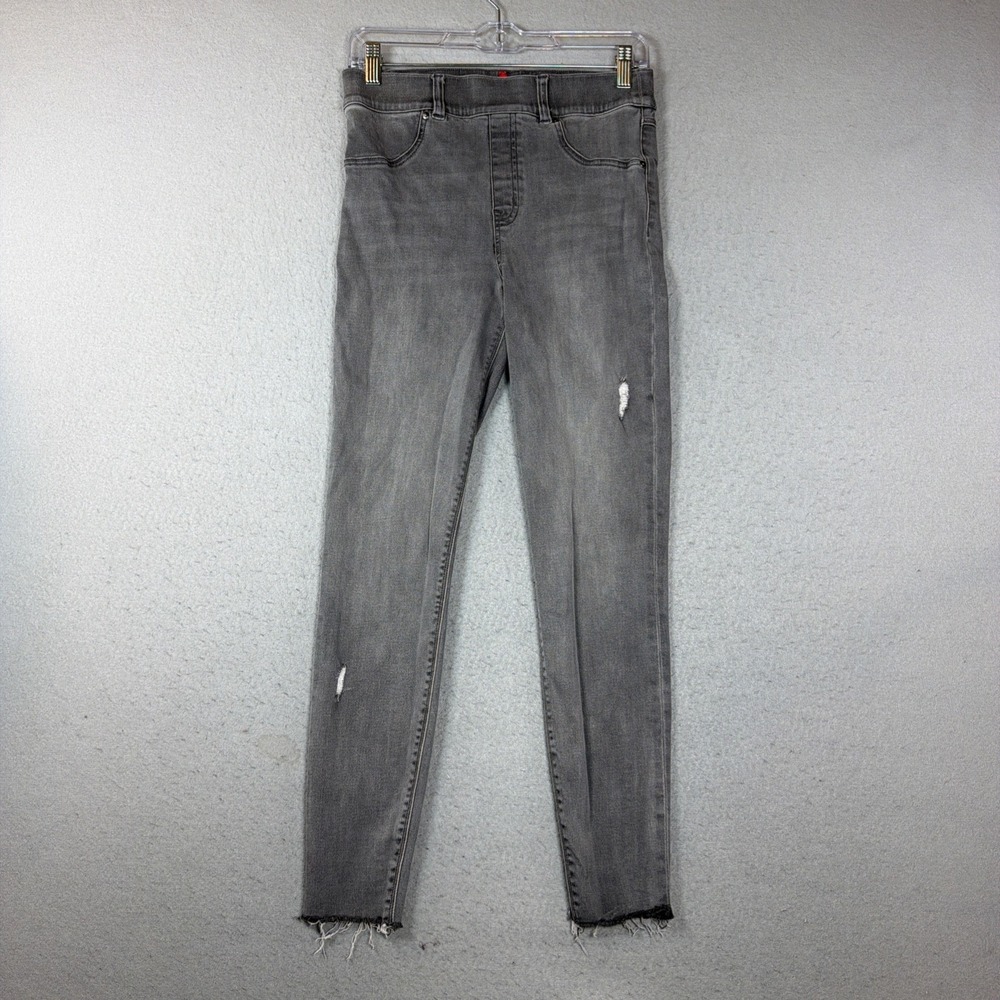 SPANX Jeans Womens M Gray Distressed Denim Pull On Skinny Raw Hem